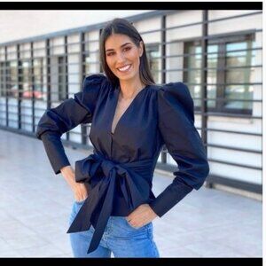 Zara Black Taffeta Blouse With Bow and Lace Detail, NWT, XS